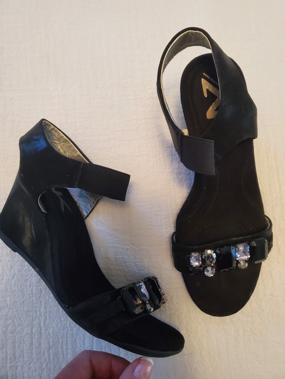 AK Sport Anne Klein Wedge Comfort Heel Sandals With Gems And Ankle Strap